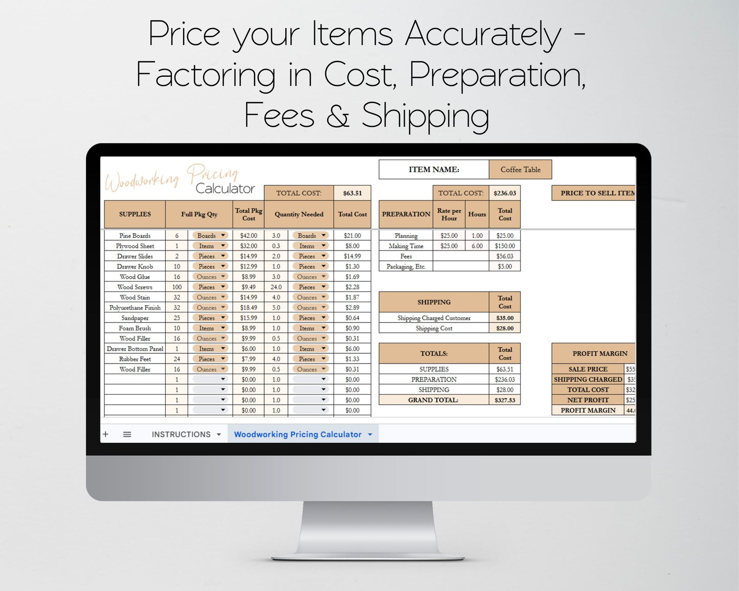Woodworking Pricing Calculator Spreadsheet | Track Costs, Labor & Profit Margins | Google Sheets & Excel