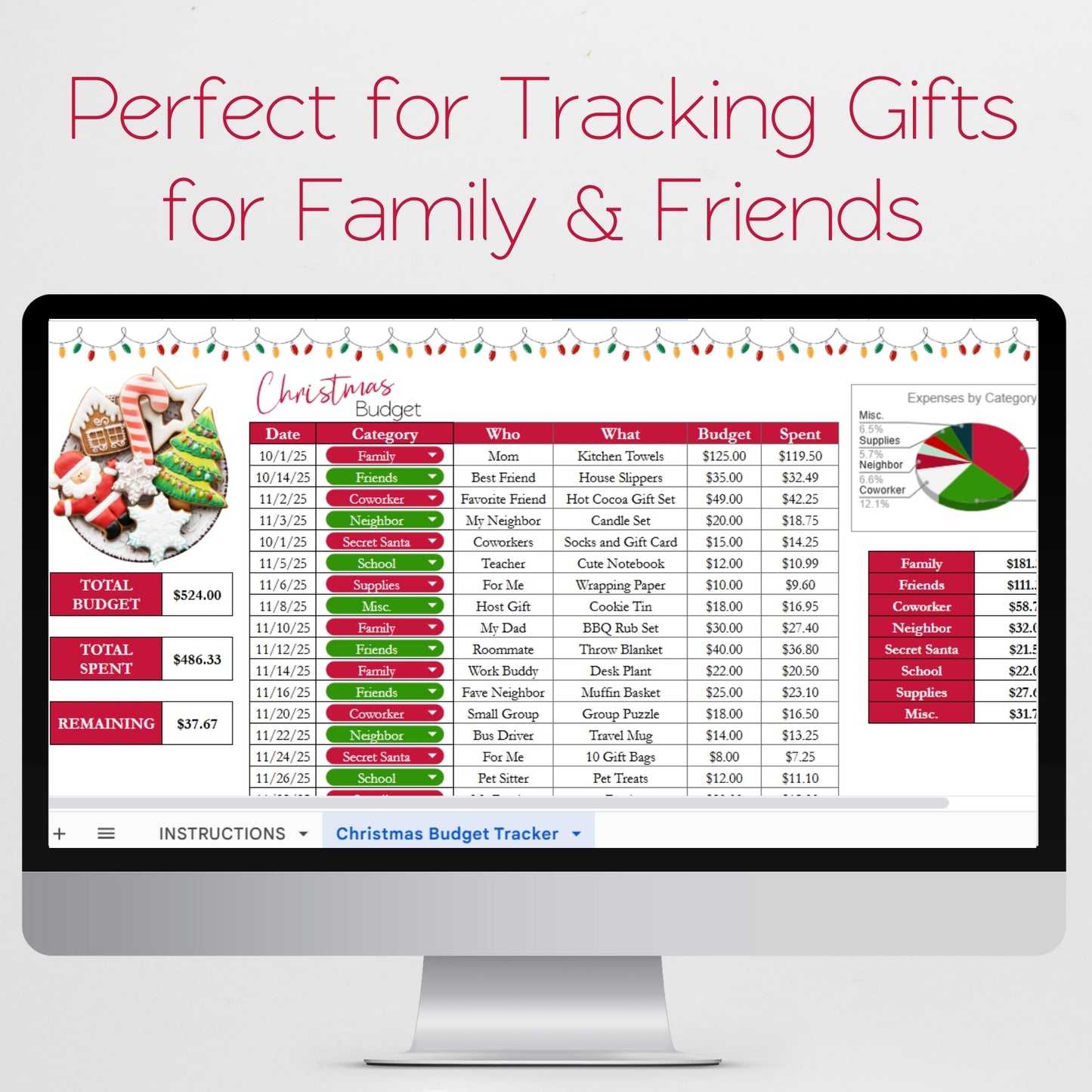 Christmas Budget Spreadsheet Template, Excel Spreadsheet and Google Sheet