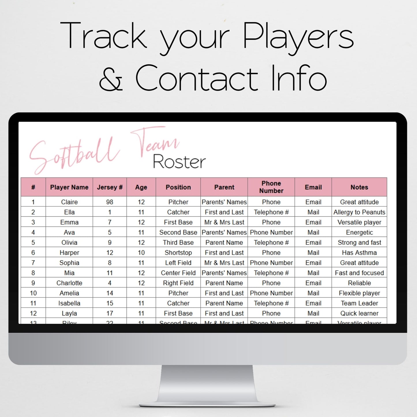 Softball Team Roster & Practice Schedule Template for Google Sheets & Excel | Coach Spreadsheet | Youth Sports Team Organizer | Instant Download