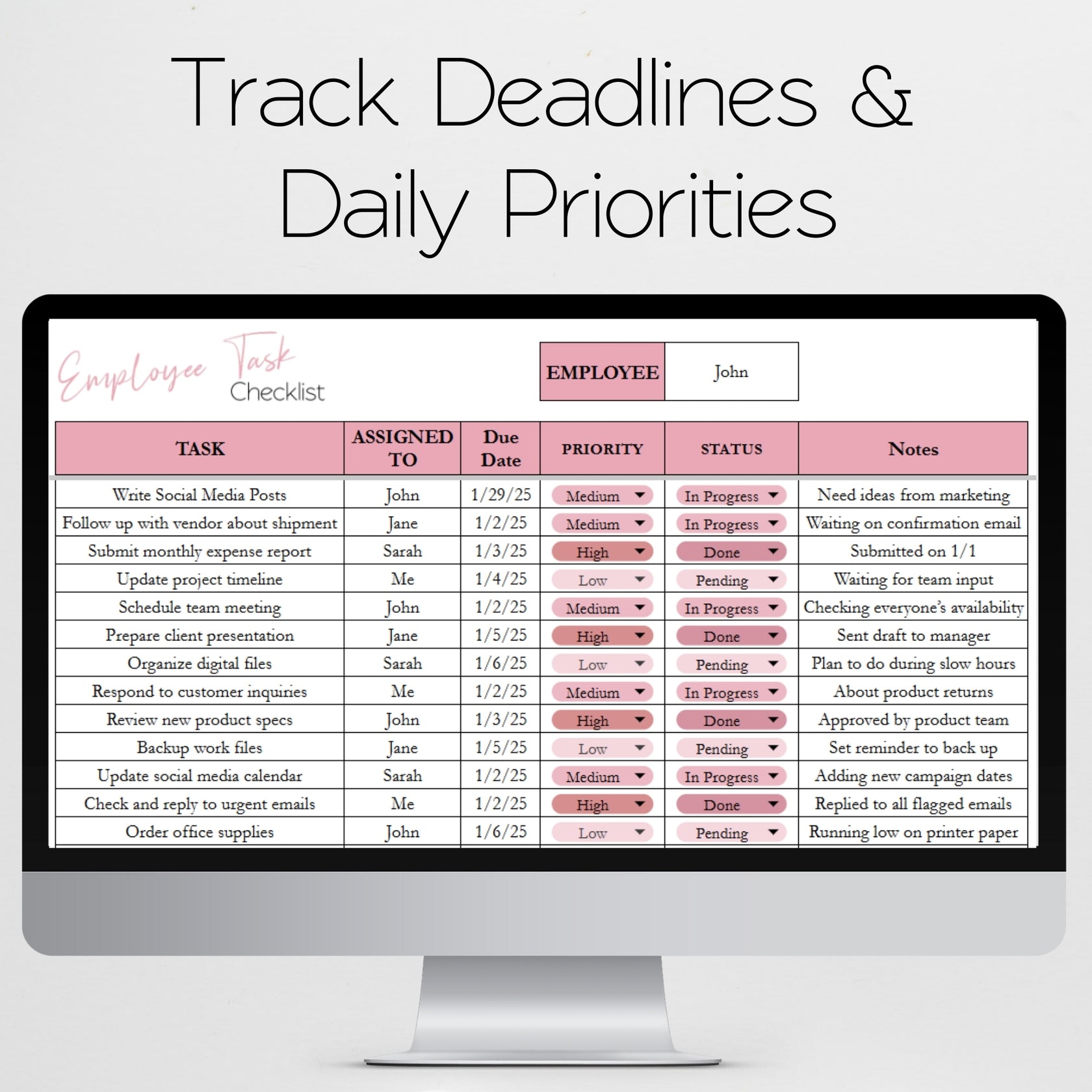 Employee Task Checklist Template for Google Sheets and Excel Spreadshe ...