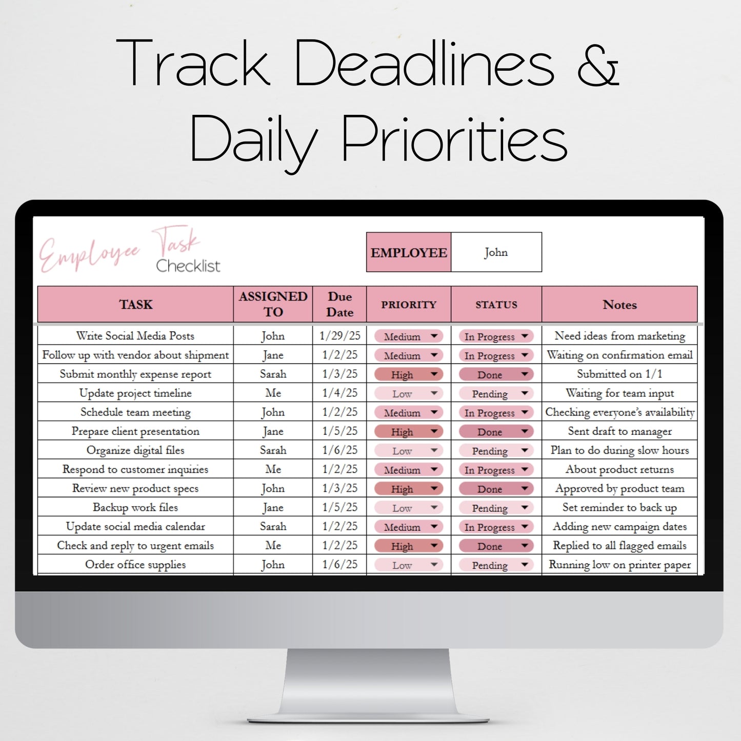 Employee Task Checklist Template for Google Sheets and Excel Spreadsheet: Task Tracker