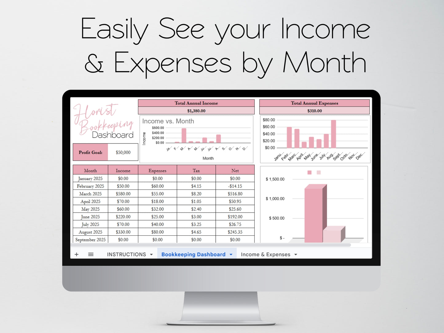 Florist Bookkeeping Template Google Sheets and Excel Spreadsheet - Income and Expense Tracker for Floral Business