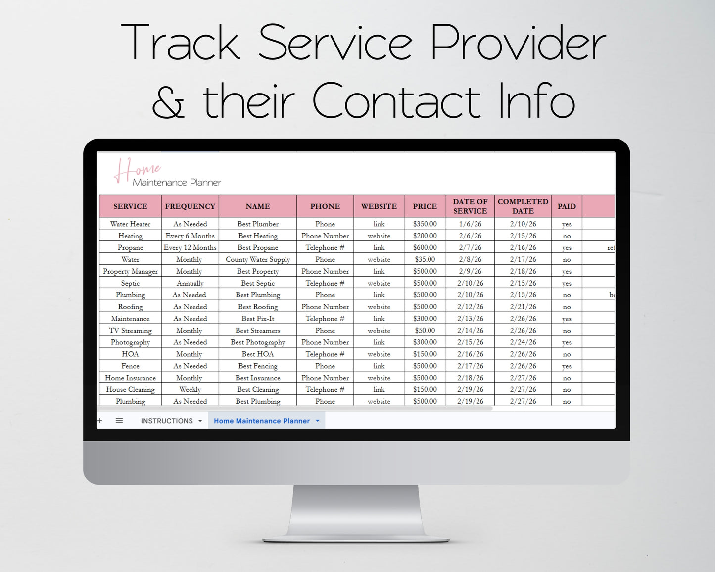 Home Maintenance Tracker Template for Google Sheets and Excel Spreadsheet