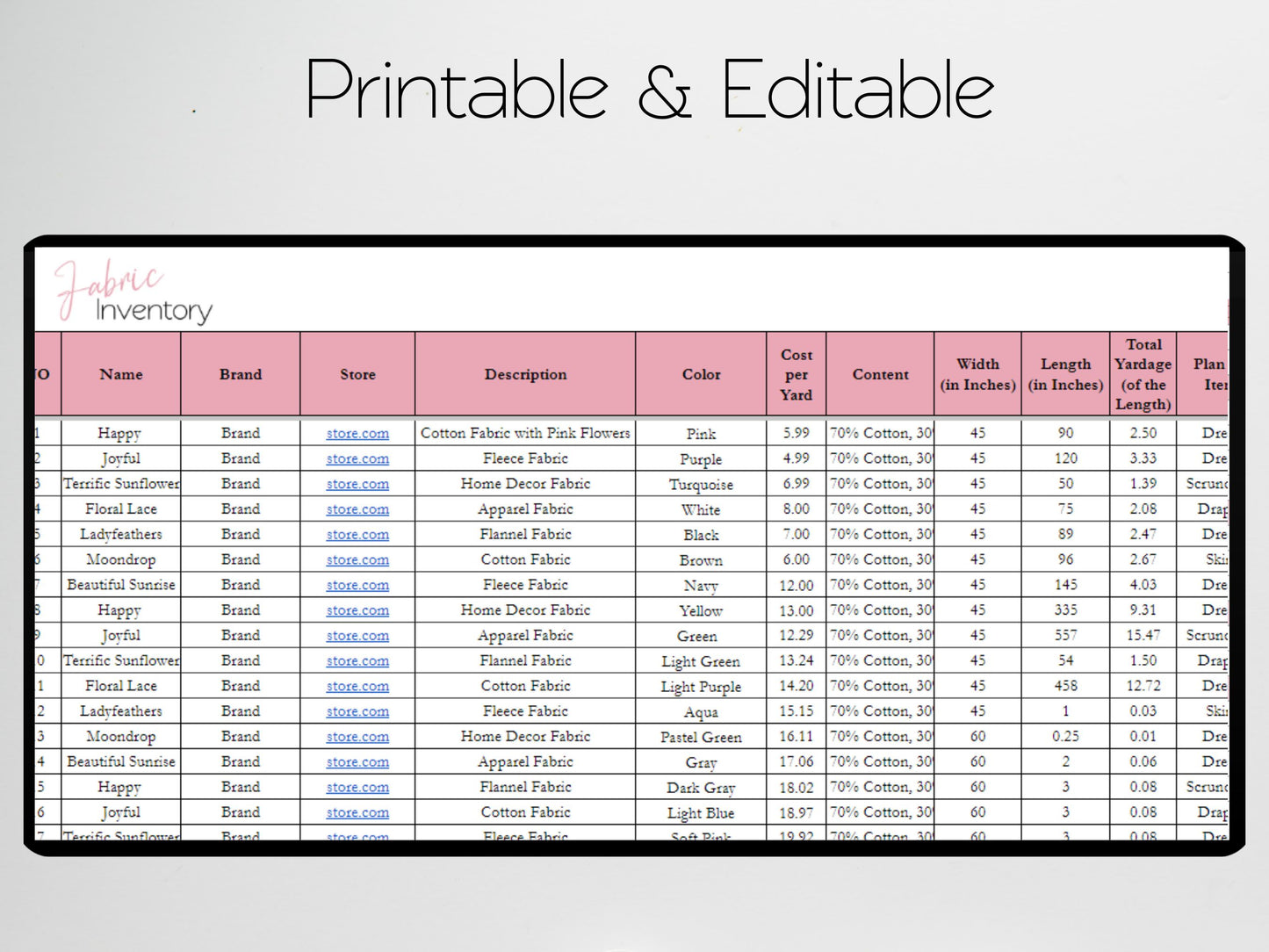 Fabric Inventory Tracker Google Sheet