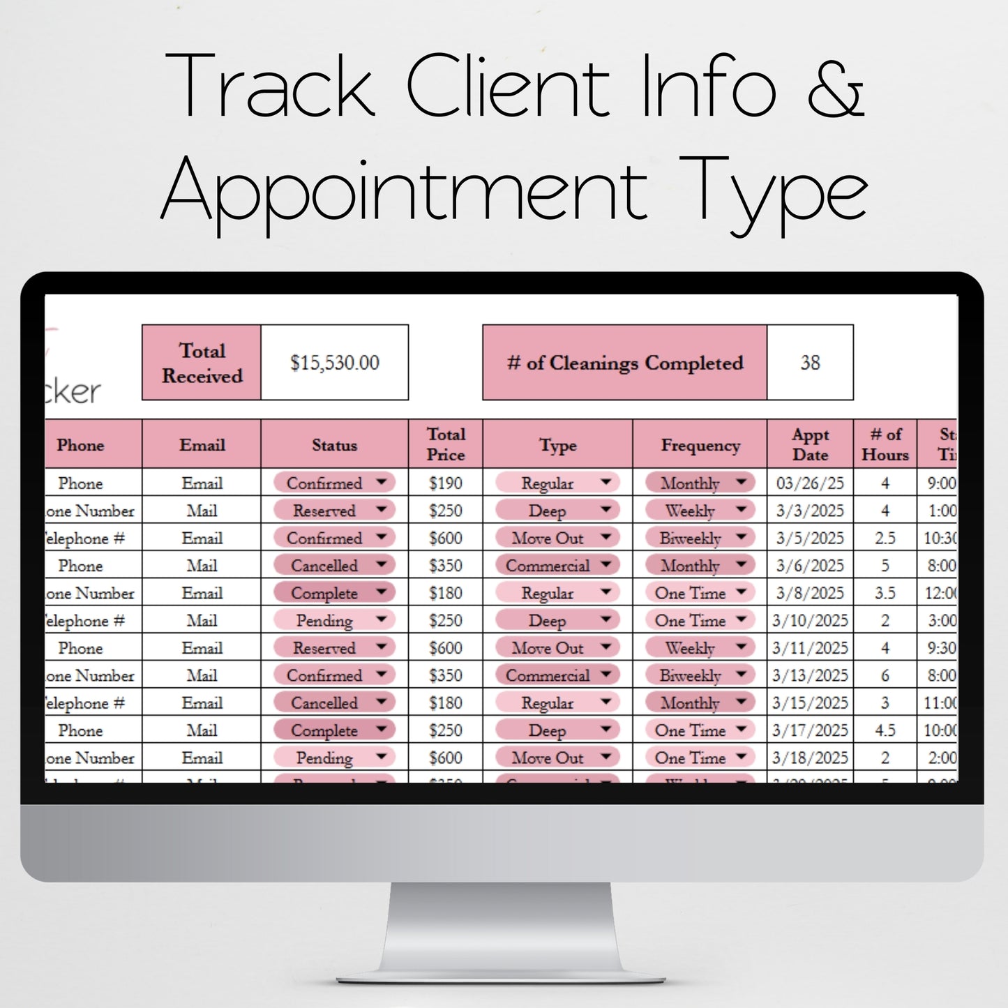 Cleaning Business Appointment Tracker Template Google Sheets and Excel Spreadsheet