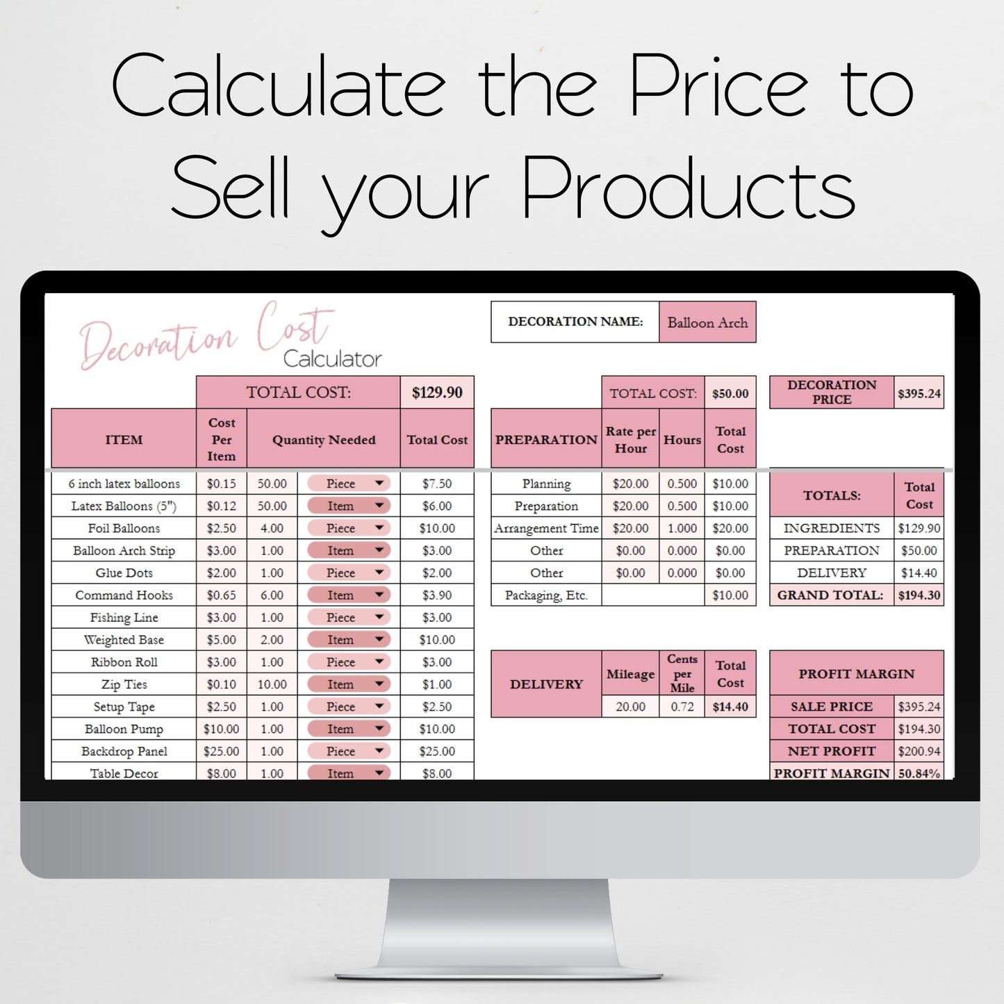 Decorating Cost Calculator Template Google Sheets and Excel Spreadsheet