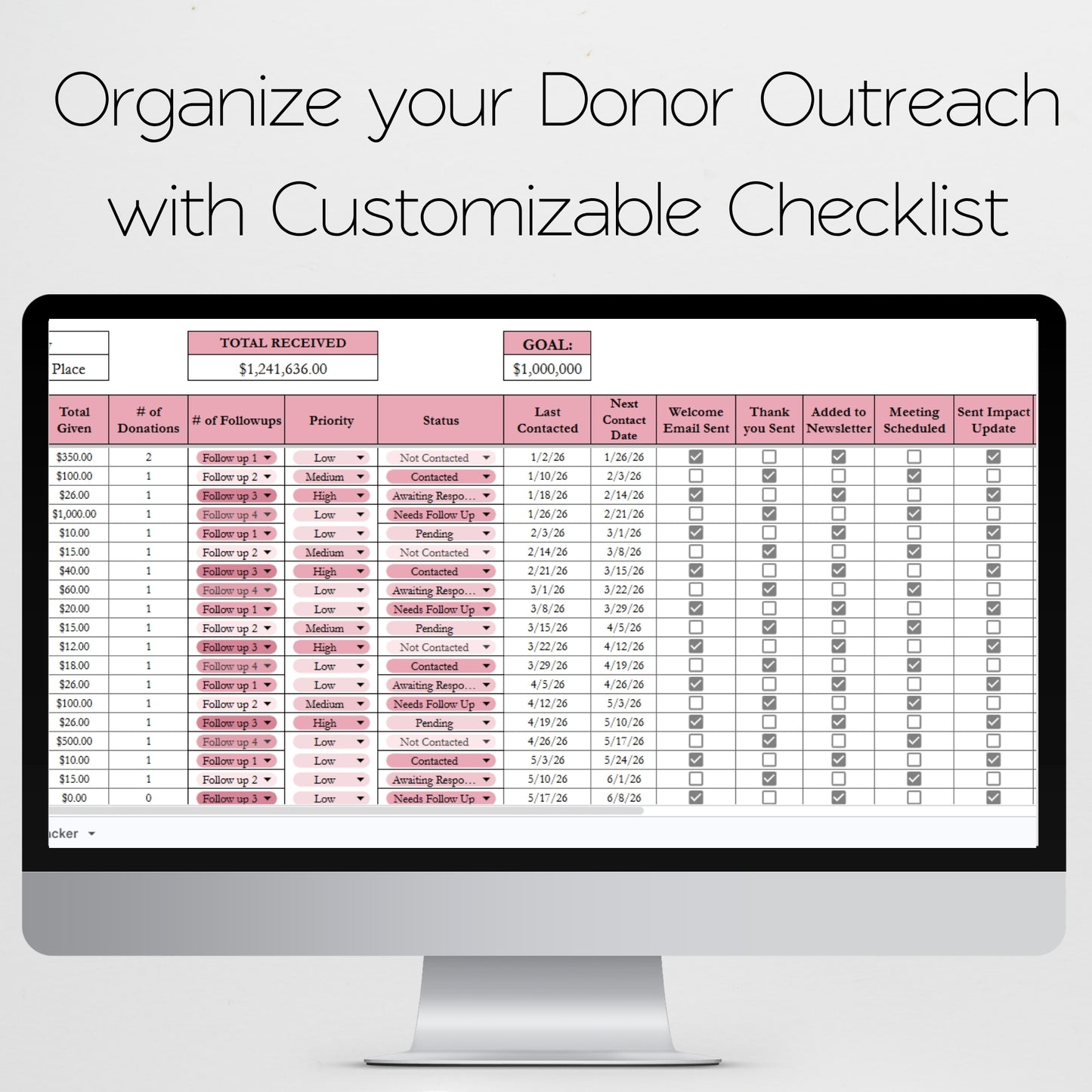 Donor Management Tracker - Stewardship, Engagement CRM & Donation Template for Google Sheets and Excel