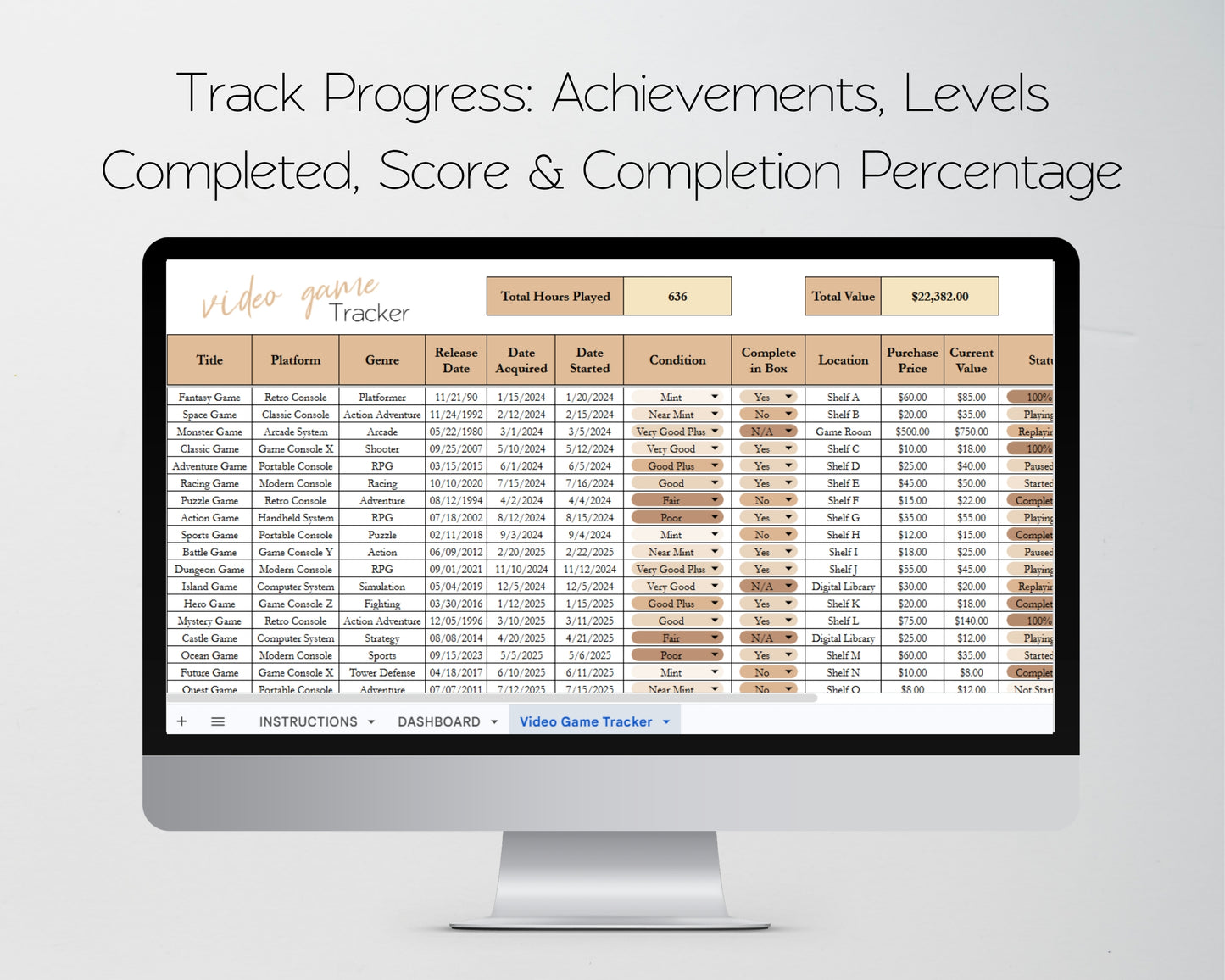 Video Game Tracker Spreadsheet Google Sheets and Excel Template - Progress, Collection, Backlog