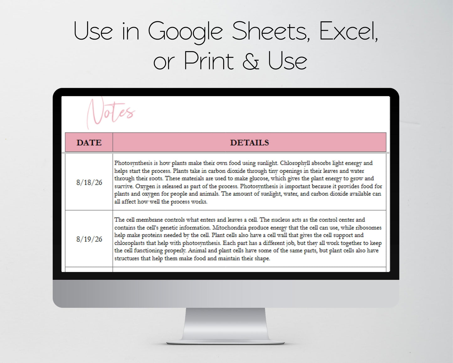 Note Taking Template – Google Sheets and Excel Spreadsheet –  Digital Journal for College Students & Meetings – Editable, Printable