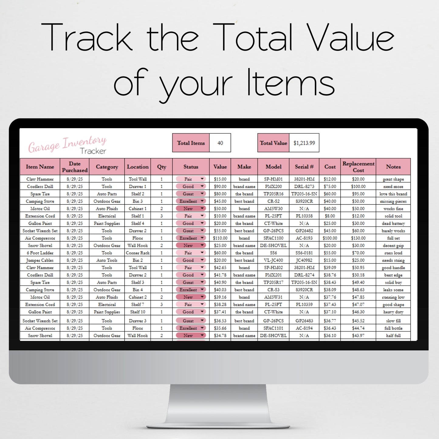 Garage Inventory Tracker Template for Google Sheets and Excel Spreadsheet