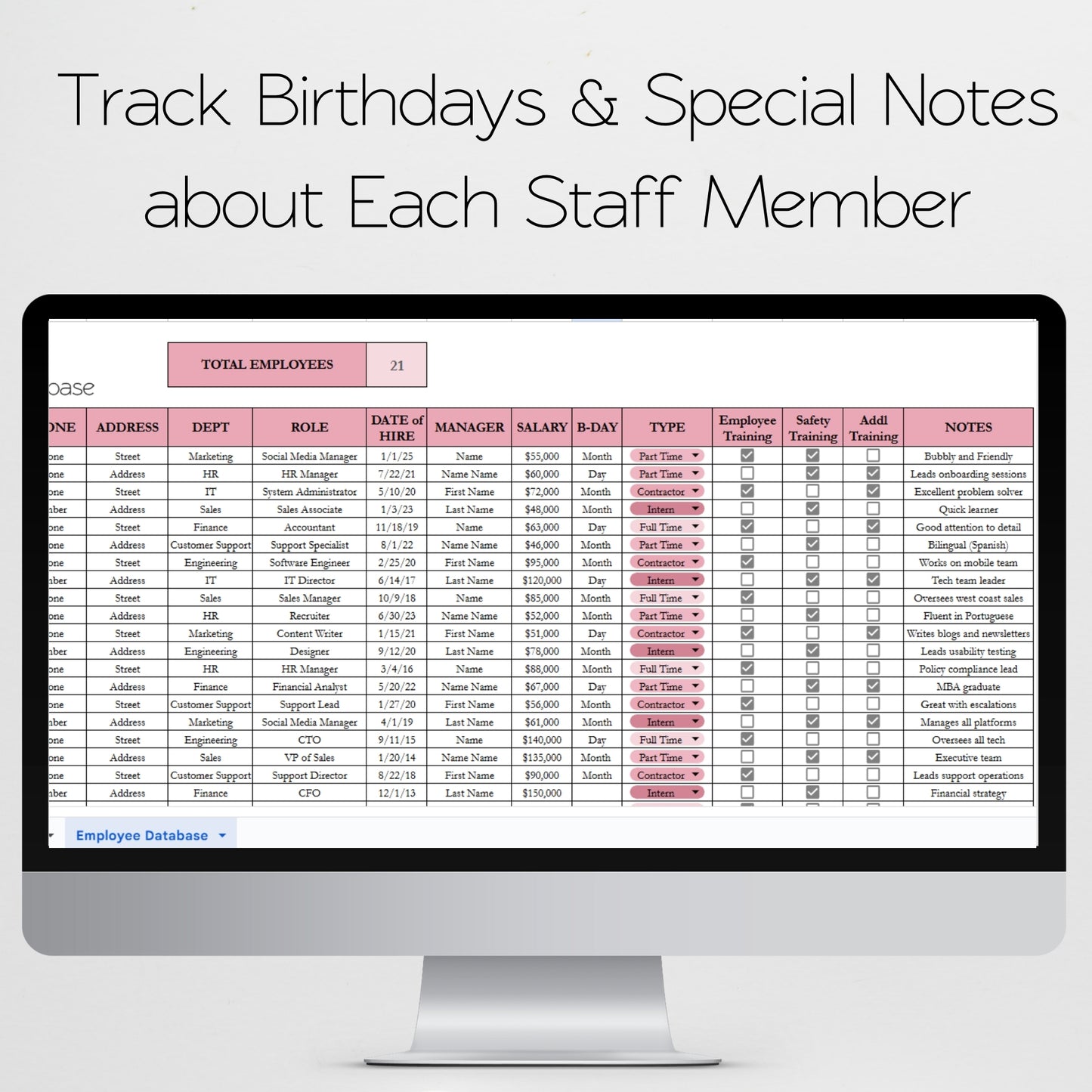 Employee Database Excel Spreadsheet Template and Google Sheets