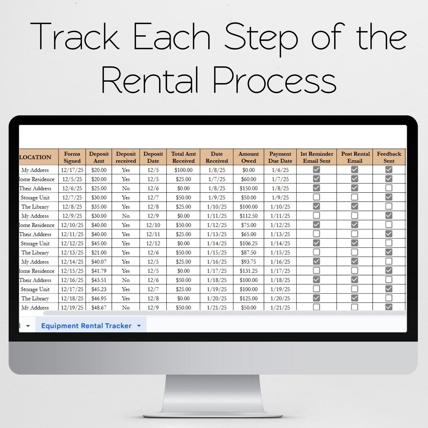 Equipment Rental Tracker Template Google Sheets and Excel Spreadsheet