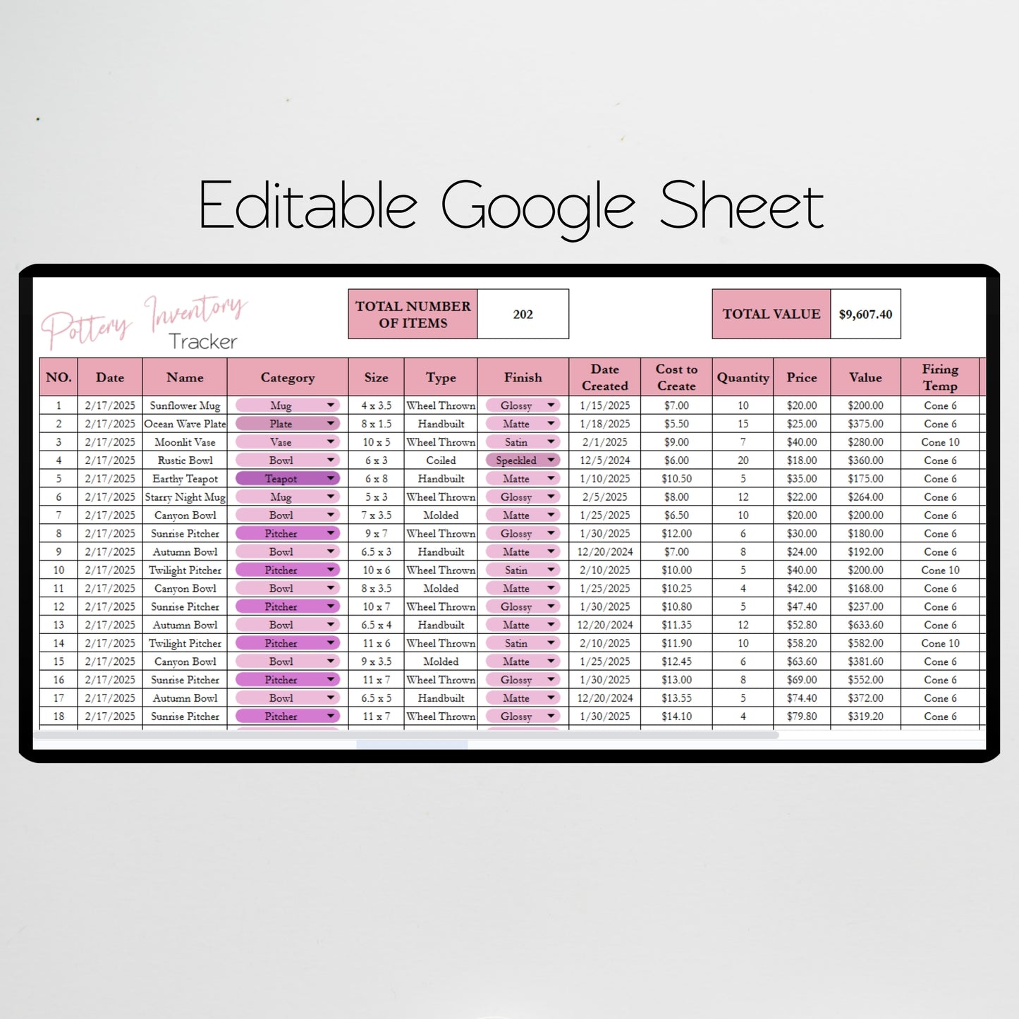 Pottery Inventory Tracker Template Google Sheet and Excel Spreadsheet