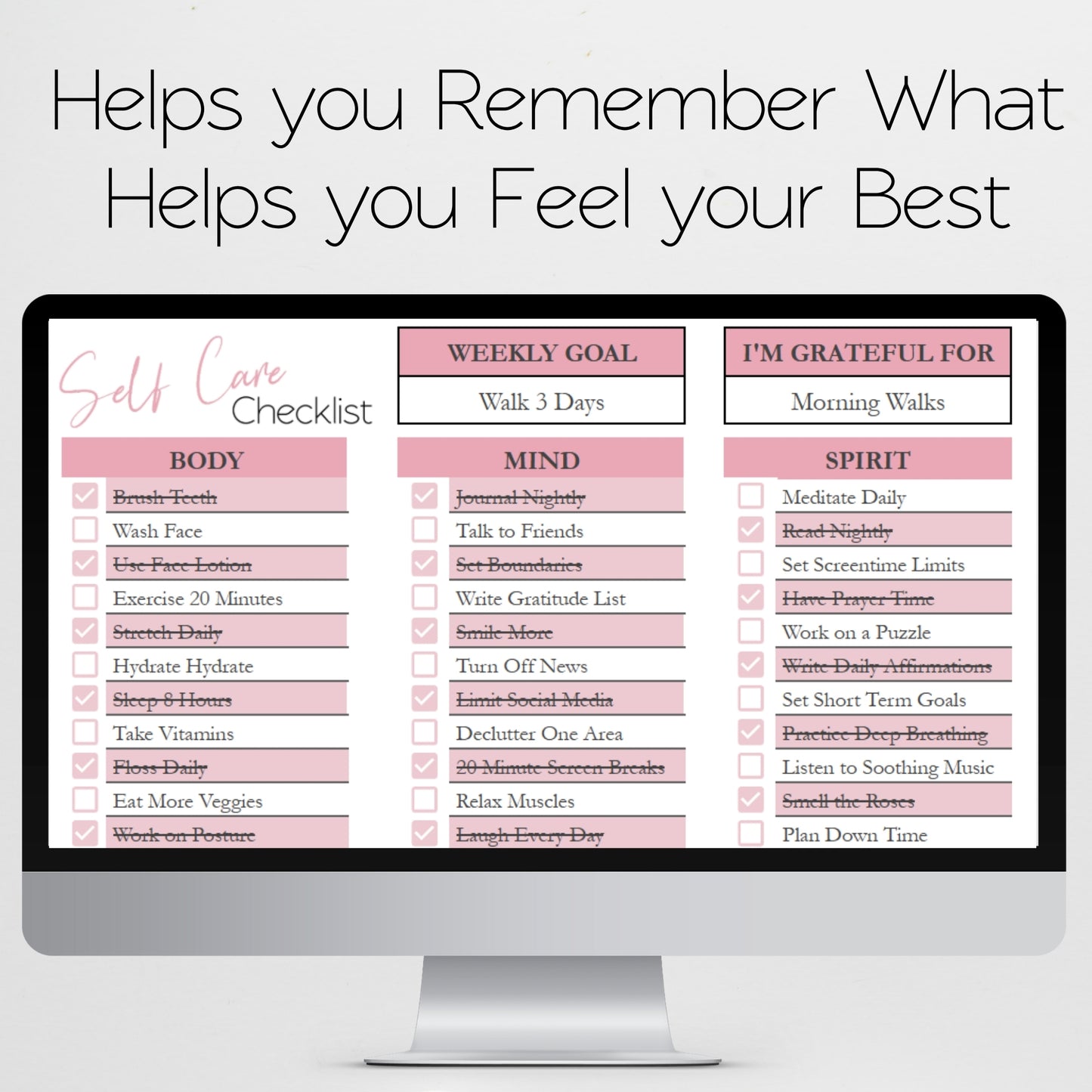 Self Care Checklist Template for Google Sheets and Excel Spreadsheet