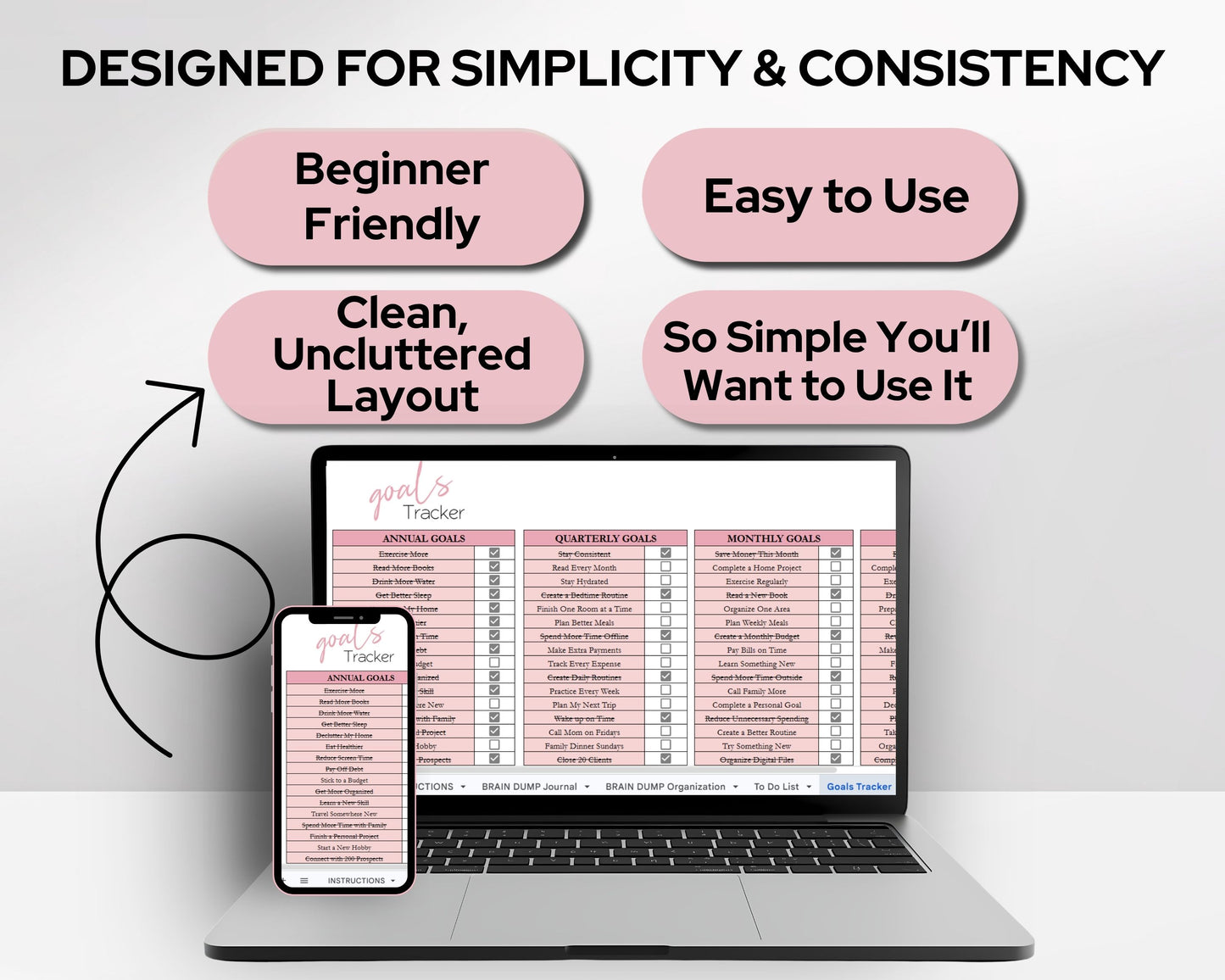 Brain Dump Planner Spreadsheet | Productivity Organizer, Task Tracker & Goal Planning Template