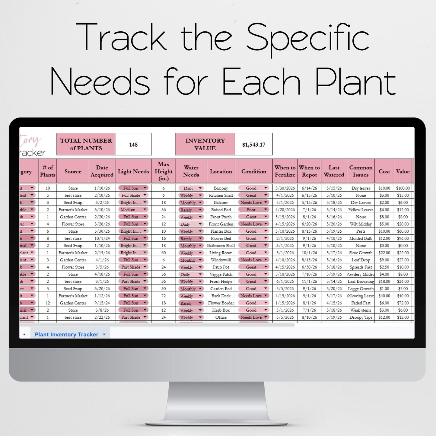 Plant Inventory Tracker Template for Google Sheets and Excel Spreadsheet