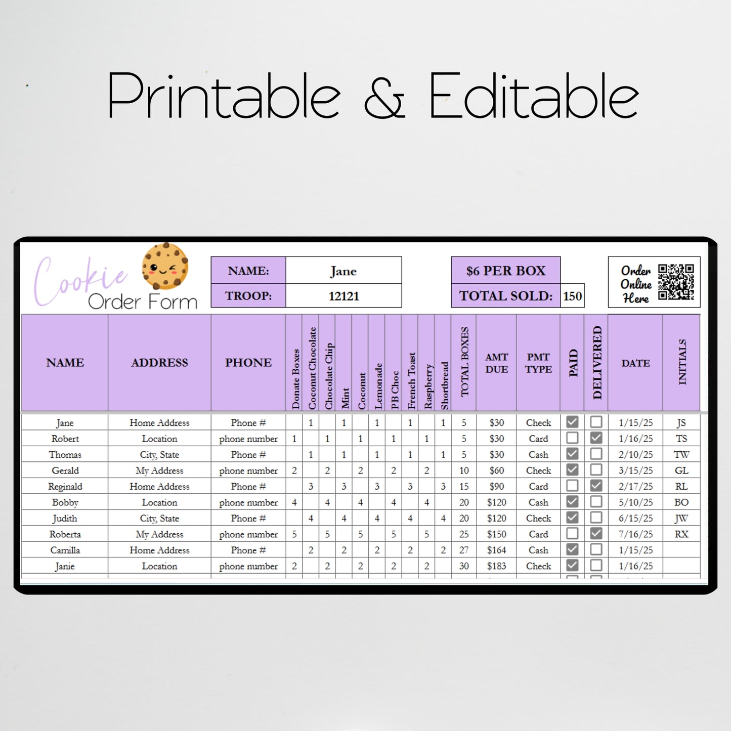 Cookie Order Form Template with QR Code Google Sheets and Excel, Printable Templates
