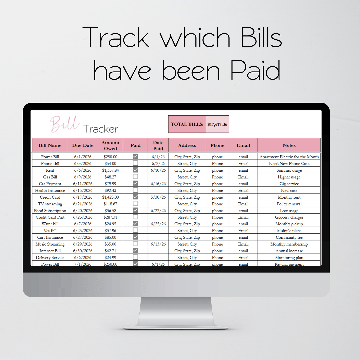 Bill Calendar Excel and Google Sheets Spreadsheet Template | Automated Monthly Bill & Due Date Tracker