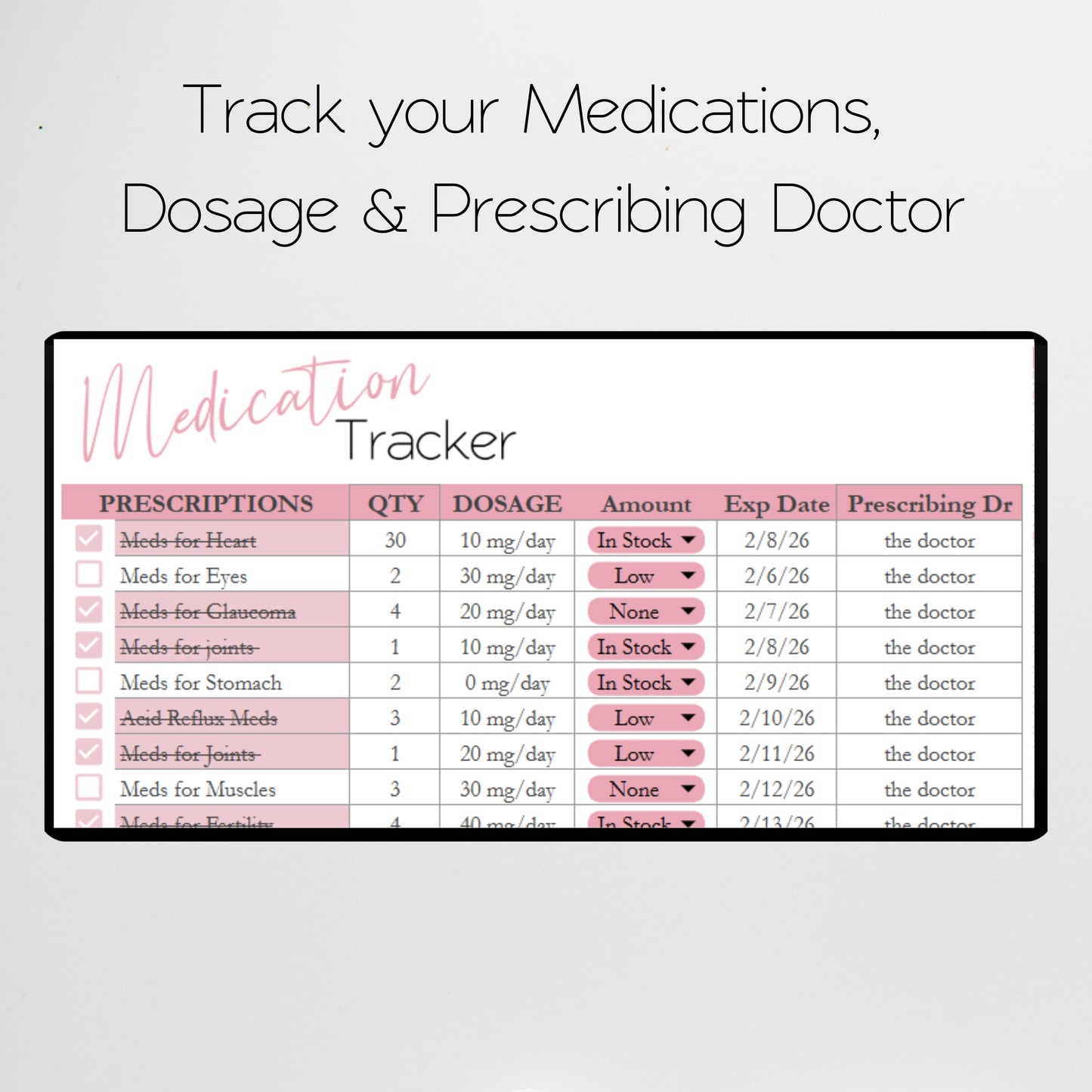 Medication Tracker Google Sheet and Excel Spreadsheet