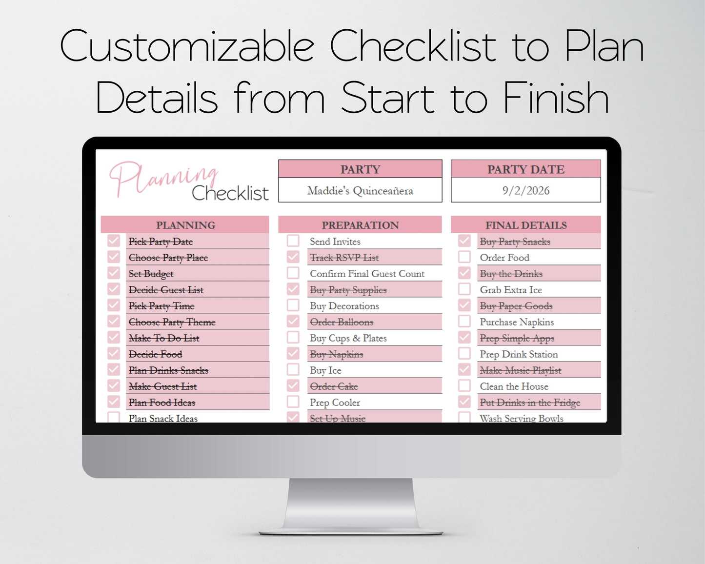 Quinceañera Planner Spreadsheet | Party Planning Template (Google Sheets & Excel) - Budget, Itinerary, Meals, Timeline