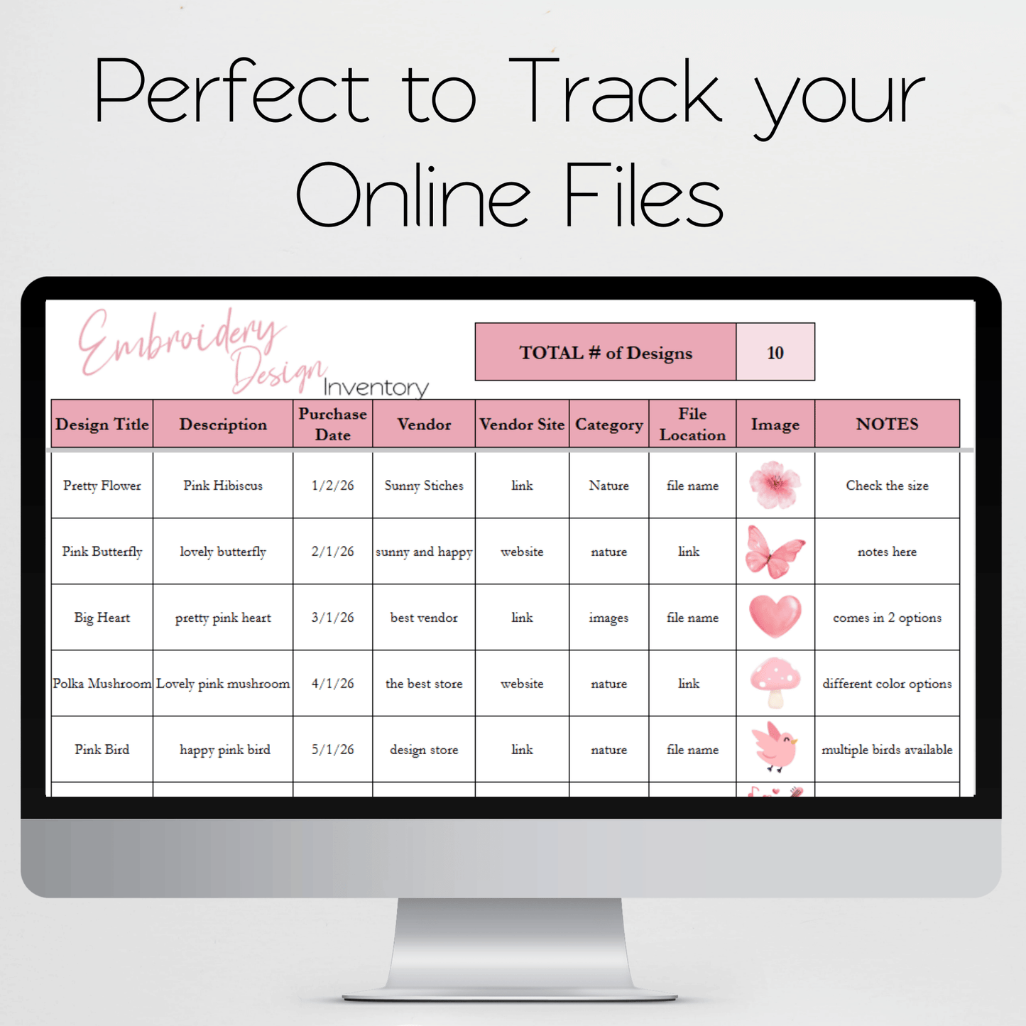Embroidery Design Inventory Tracker Google Sheets Template and Excel Spreadsheet