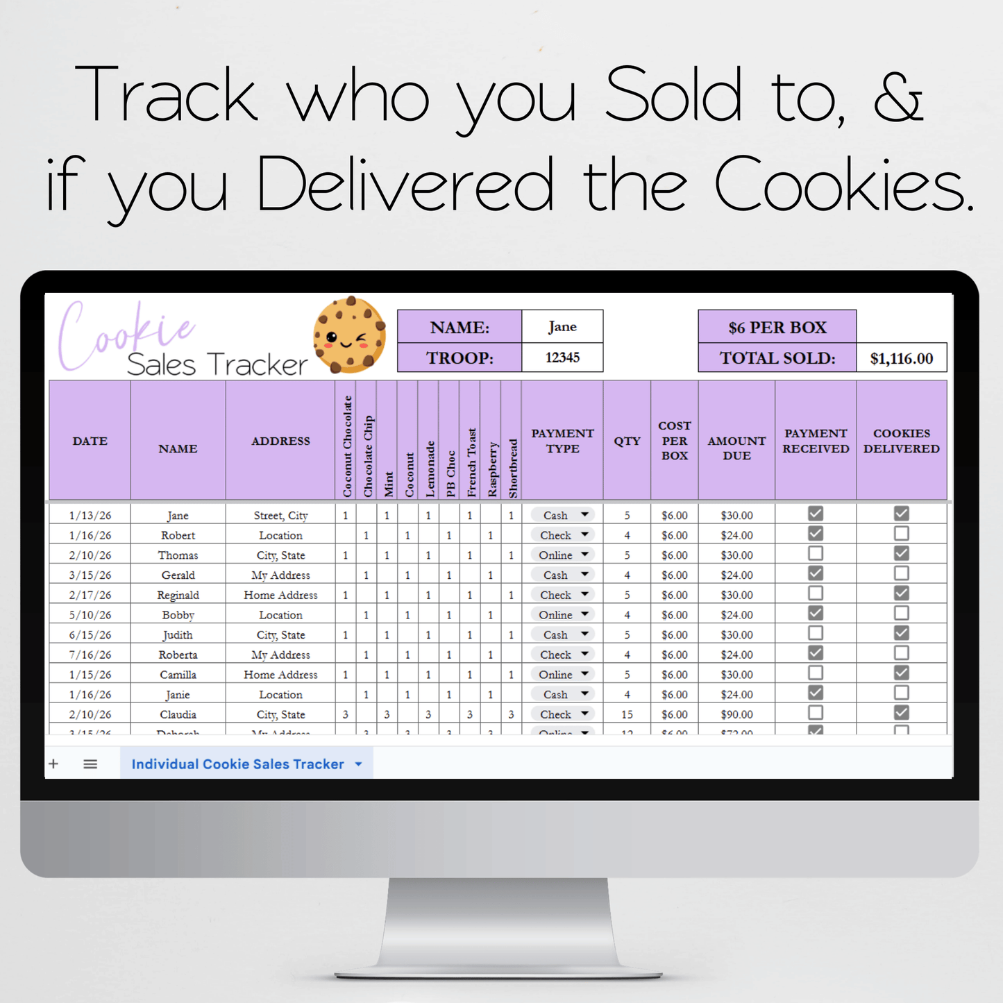 Cookie Sales Tracker Template Google Sheets and Excel Spreadsheet
