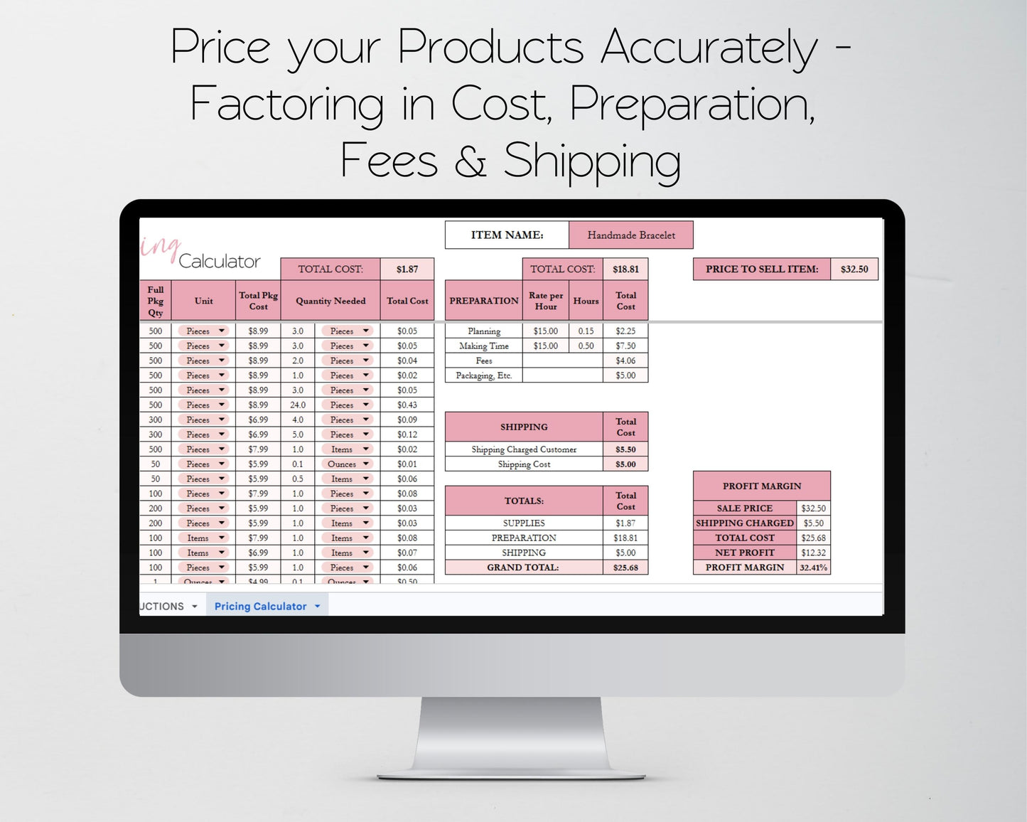 Pricing Calculator Spreadsheet | Google Sheets & Excel Business Template | Easily Price your Products & Know Profit Margin