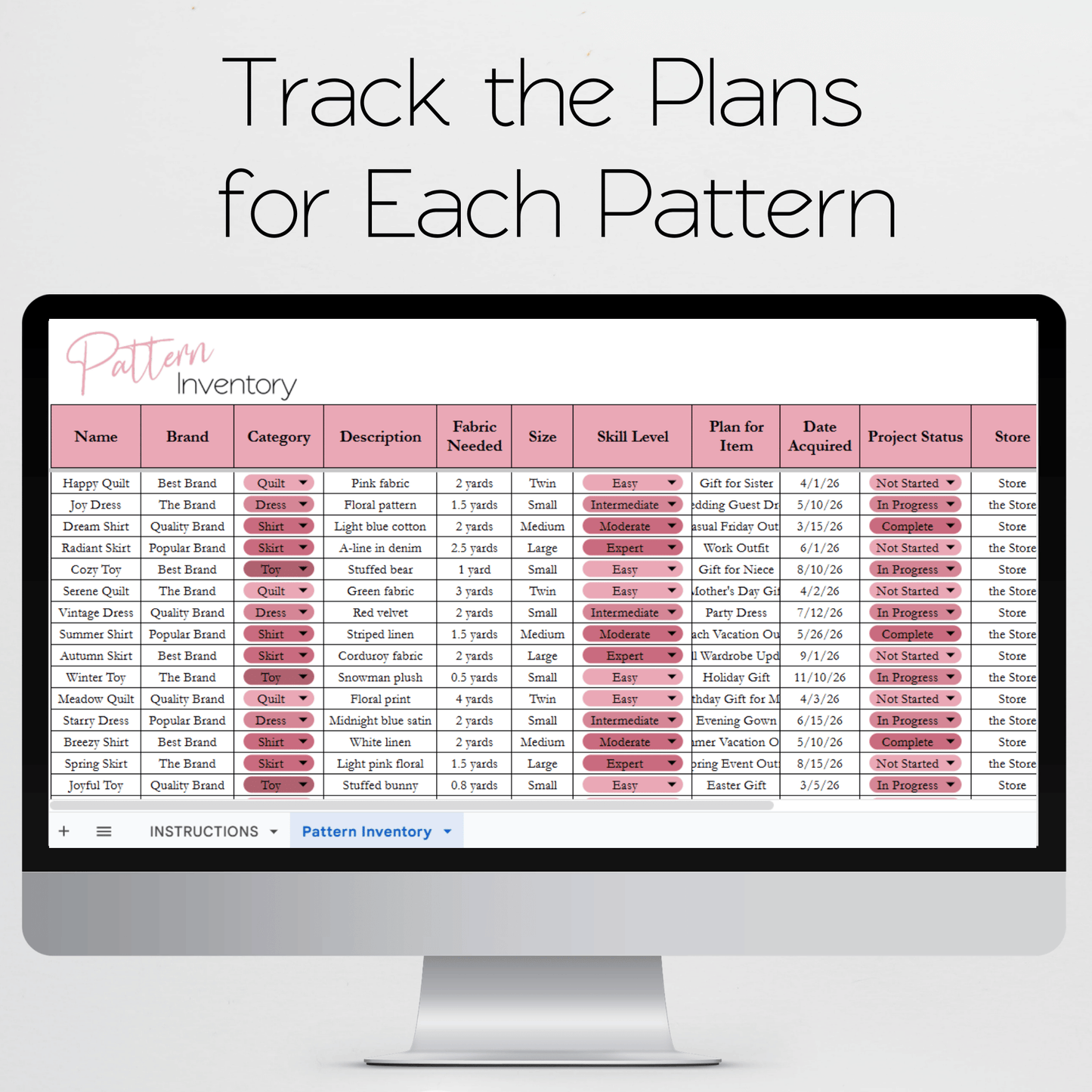 Pattern Inventory Tracker Excel Spreadsheet and Google Sheets to Organize your Patterns