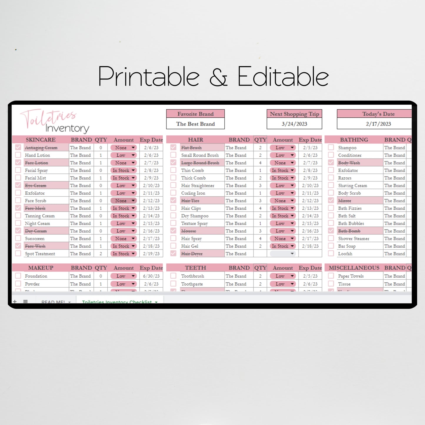 Toiletries Inventory Tracker Template Google Sheets and Excel Spreadsheet