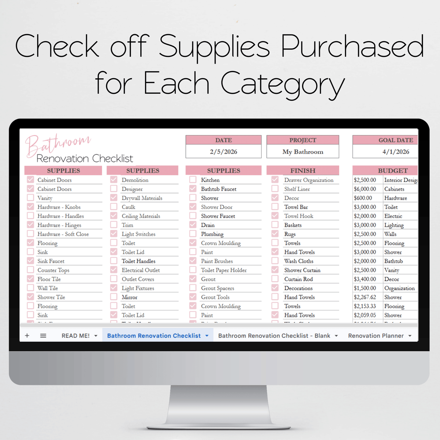 Bathroom Renovation Planner Google Sheet and Excel Spreadsheet Template