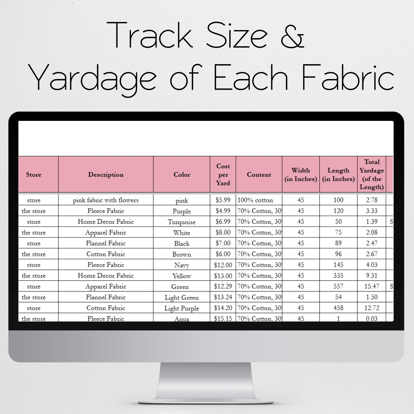 Fabric Inventory Tracker Google Sheet and Excel Spreadsheet