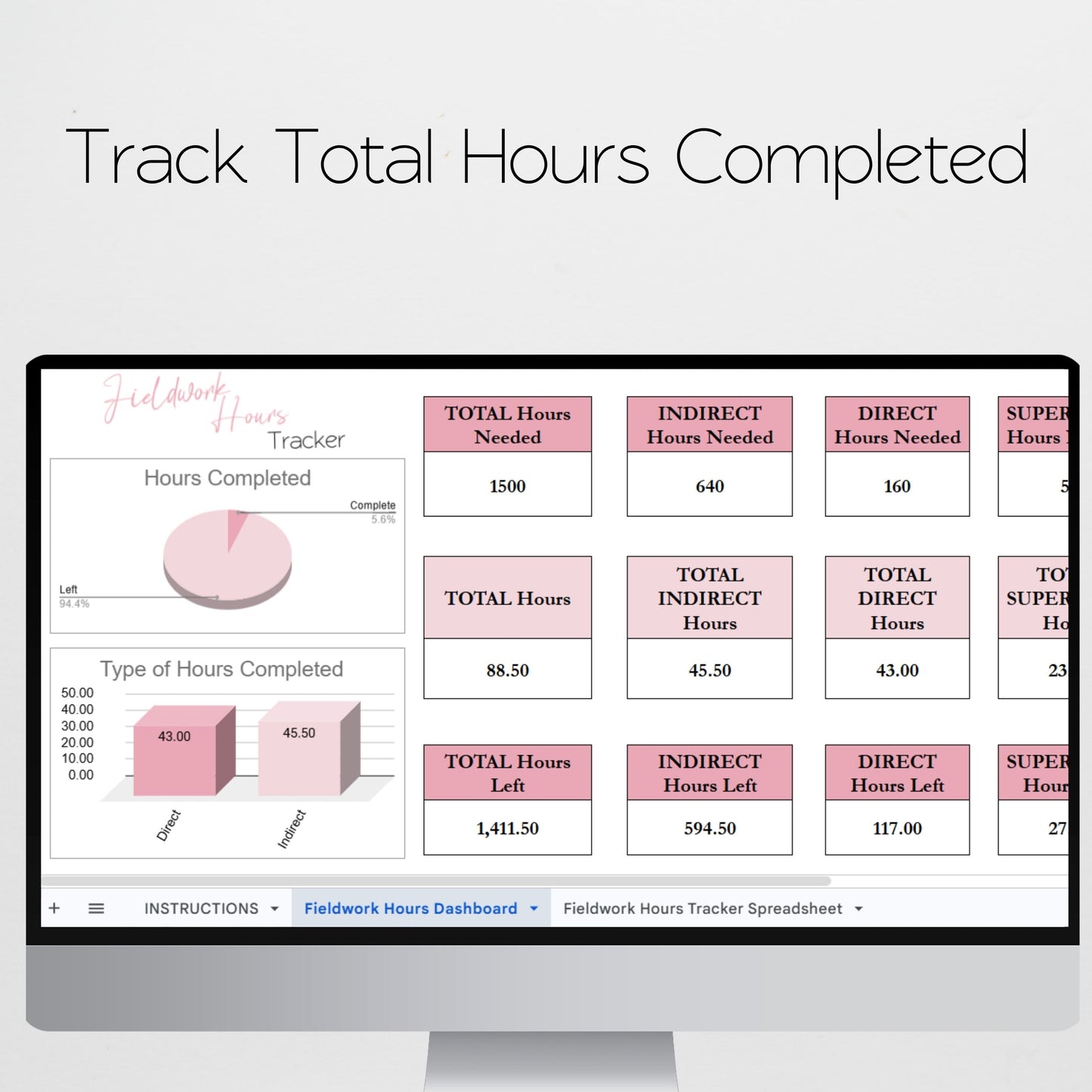 Fieldwork Hours Tracker | Clinical Internship Practicum Externship Log Spreadsheet for SLP, OT, PT, MFT, LPC | Excel & Google Sheets Template