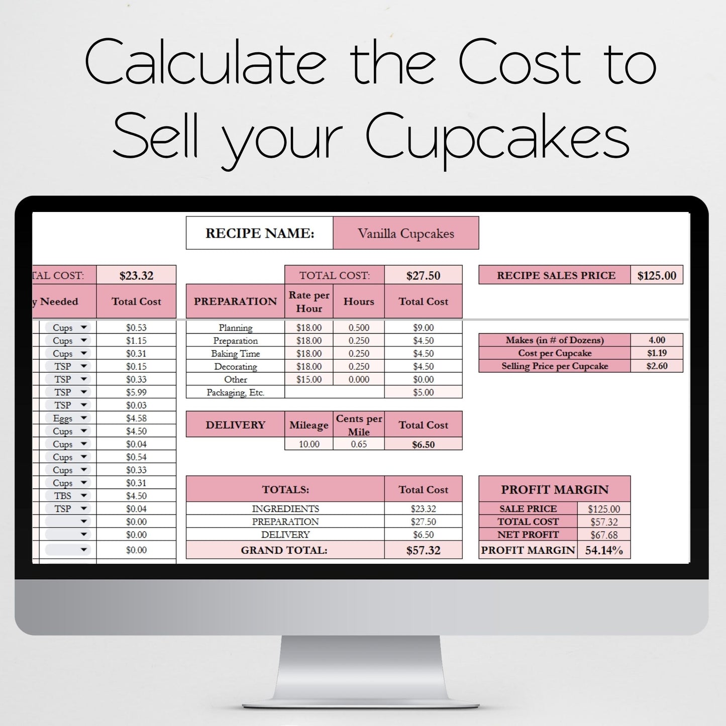 Cupcake Calculator Template Google Sheets and Excel Spreadsheet Template for Cupcake Business Pricing, Cost, and Profit Margin
