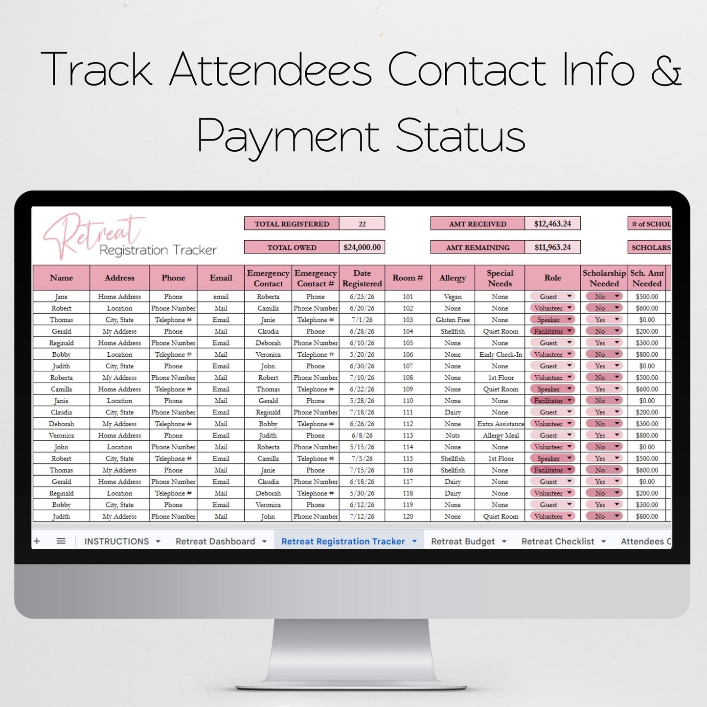 Retreat Planner | Conference, Workshop, Seminar, Convention Planner | Itinerary, Event Budget, Expense Tracker, Meal Planner, Registration Tracker, Attendee List | Google Sheets Excel Template