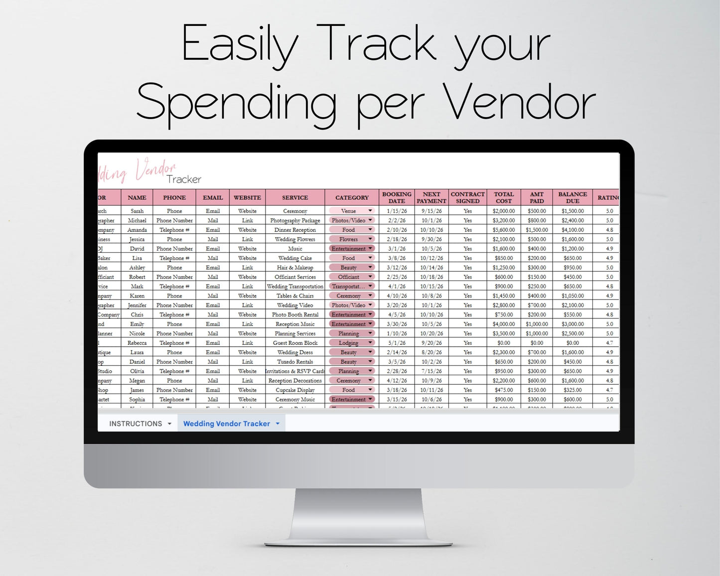 Wedding Vendor Tracker Spreadsheet | Google Sheets & Excel Template for Wedding Planning