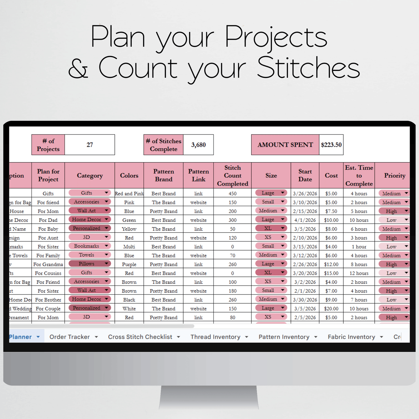 Cross Stitch Planner Template Google Sheet and Excel Spreadsheet