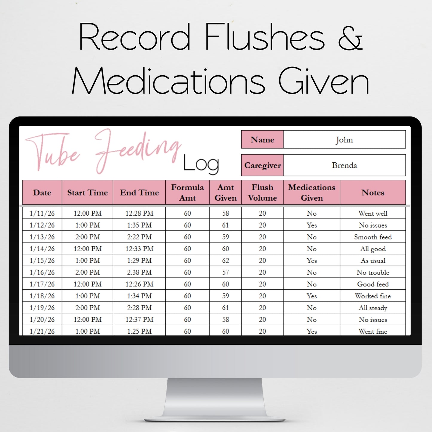 Tube Feeding Log Template Google Sheet and Excel Spreadsheet