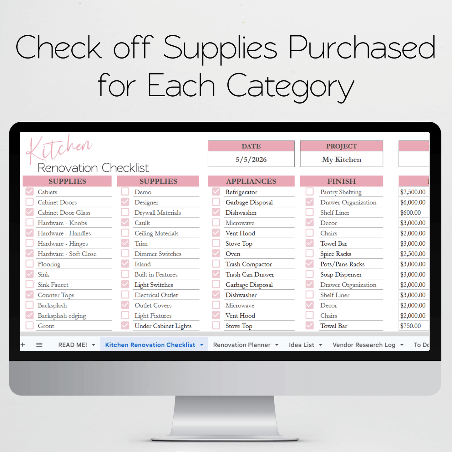 Kitchen Renovation Planner Google Sheets and Excel Spreadsheet