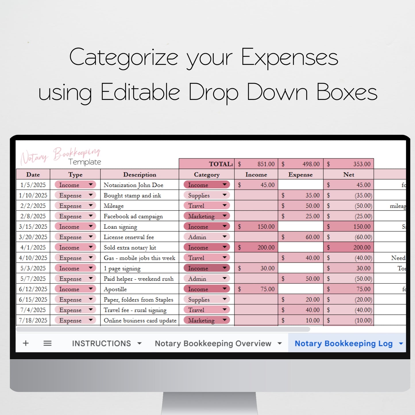 Notary Bookkeeping Template Google Sheets and Excel Spreadsheet