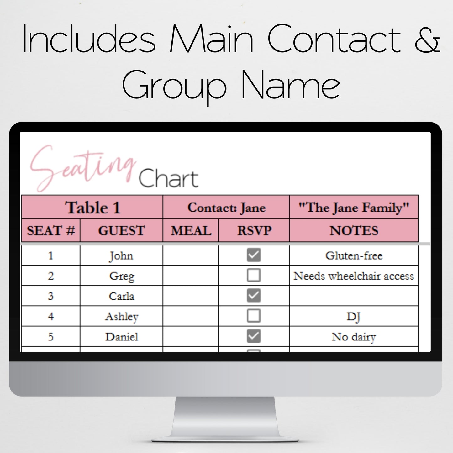 Seating Chart Template and Guest List for Google Sheets and Excel Spreadsheet