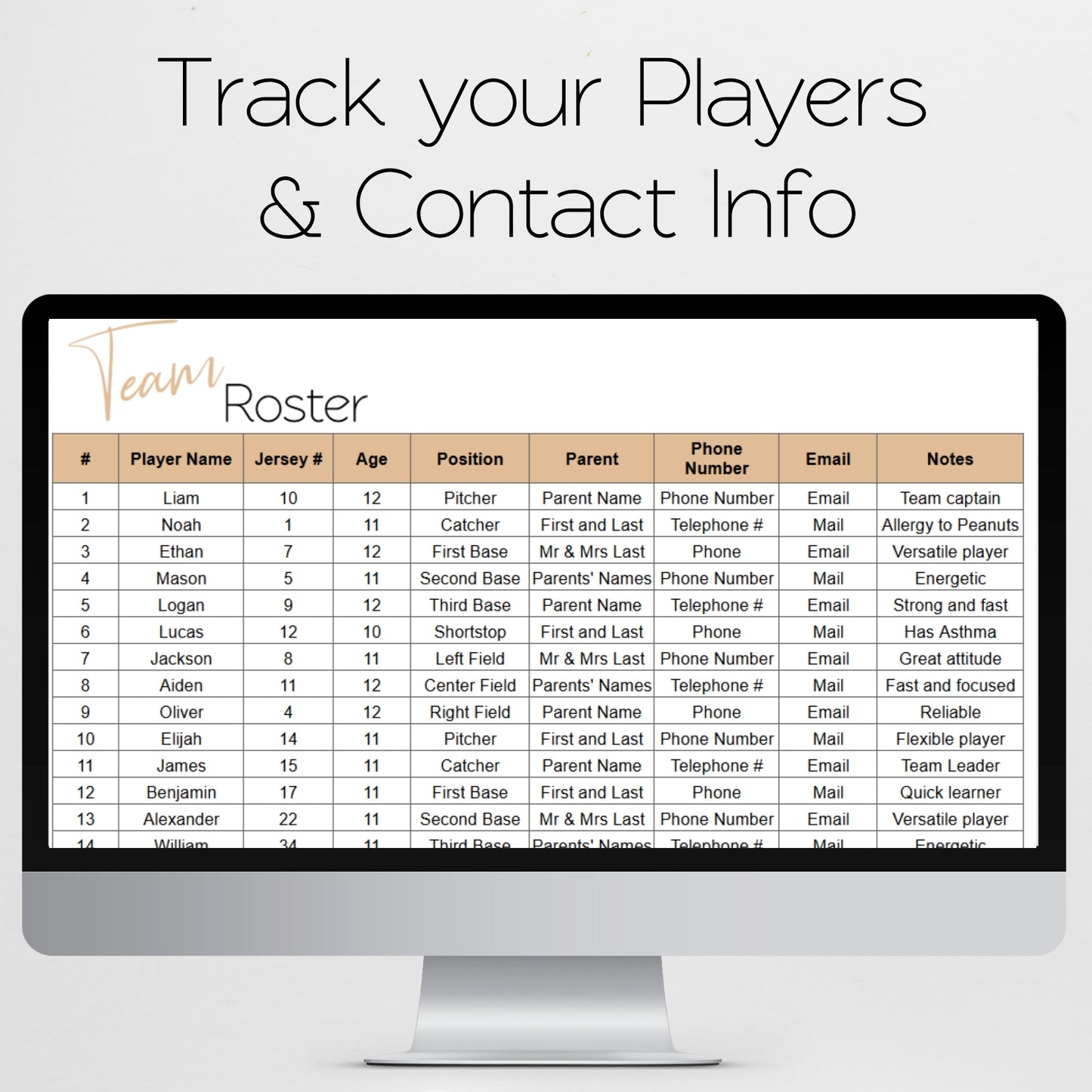 Team Roster Template Google Sheets and Excel Spreadsheet