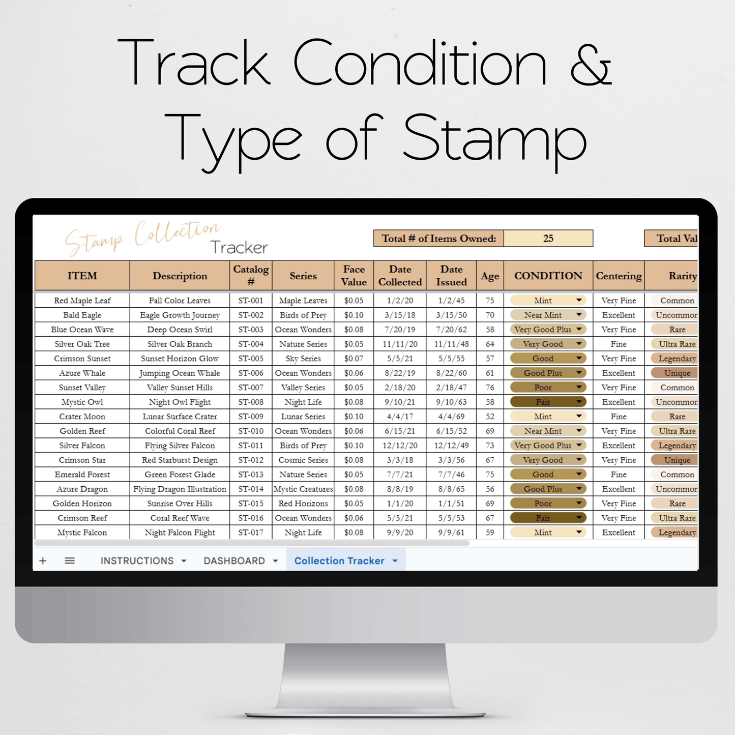 Stamp Collection Tracker Excel Spreadsheet and Google Sheets Template