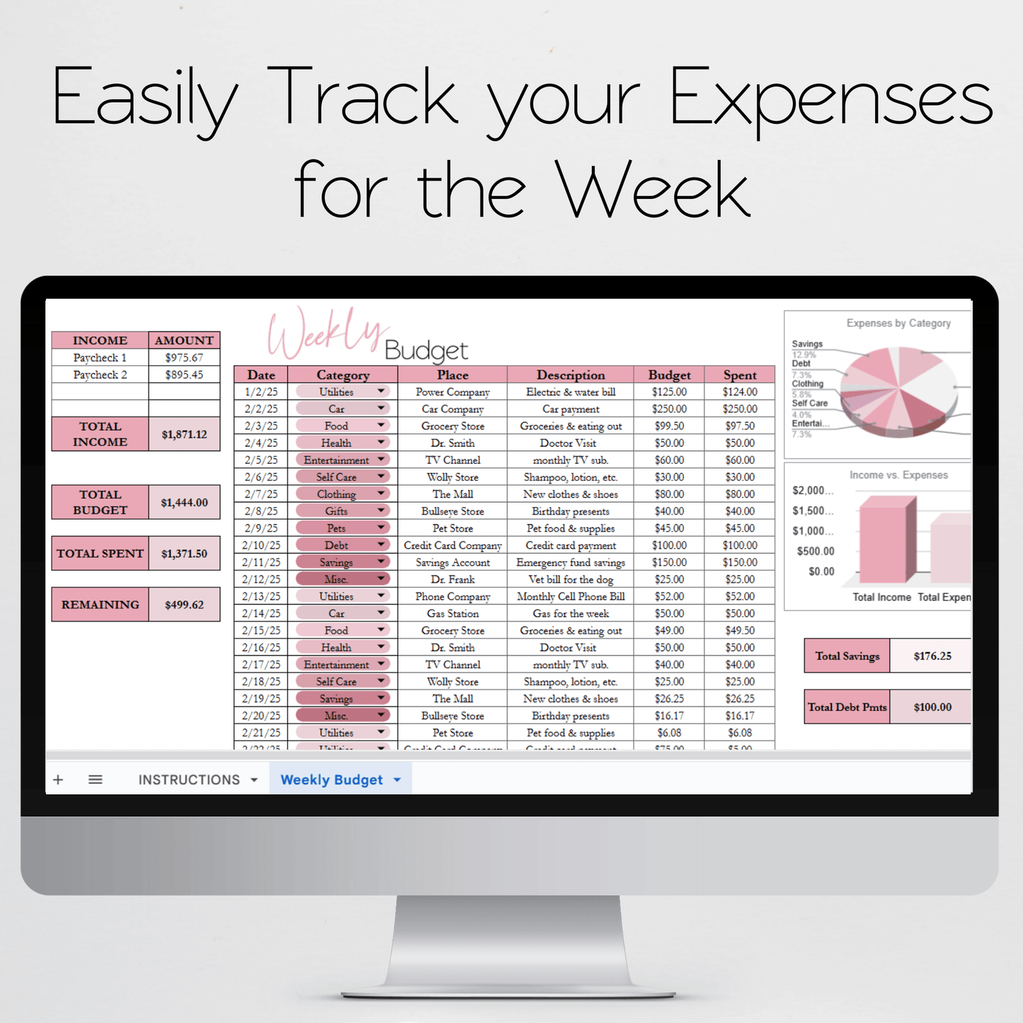 Weekly Budget Template Google Sheets and Excel Spreadsheet