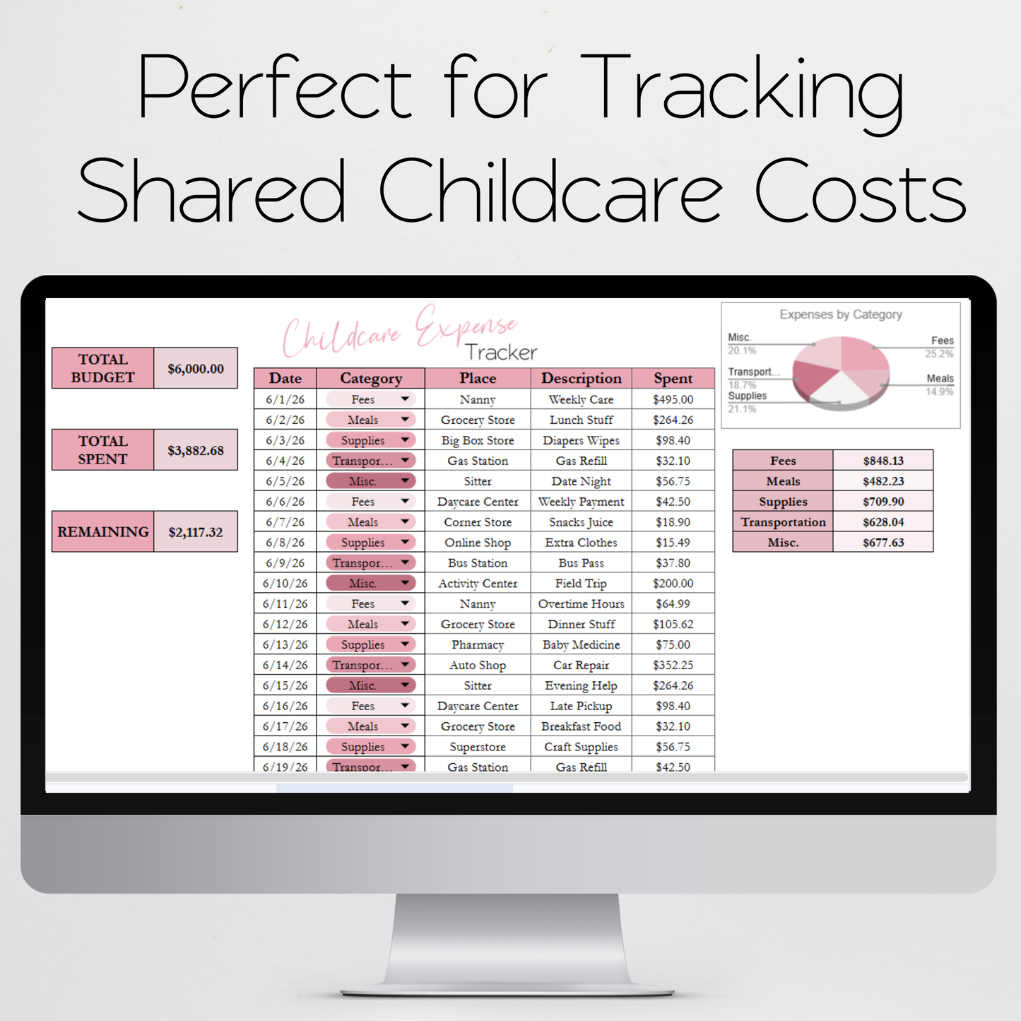 Childcare Expense Tracker Google Sheets and Excel Spreadsheet Template