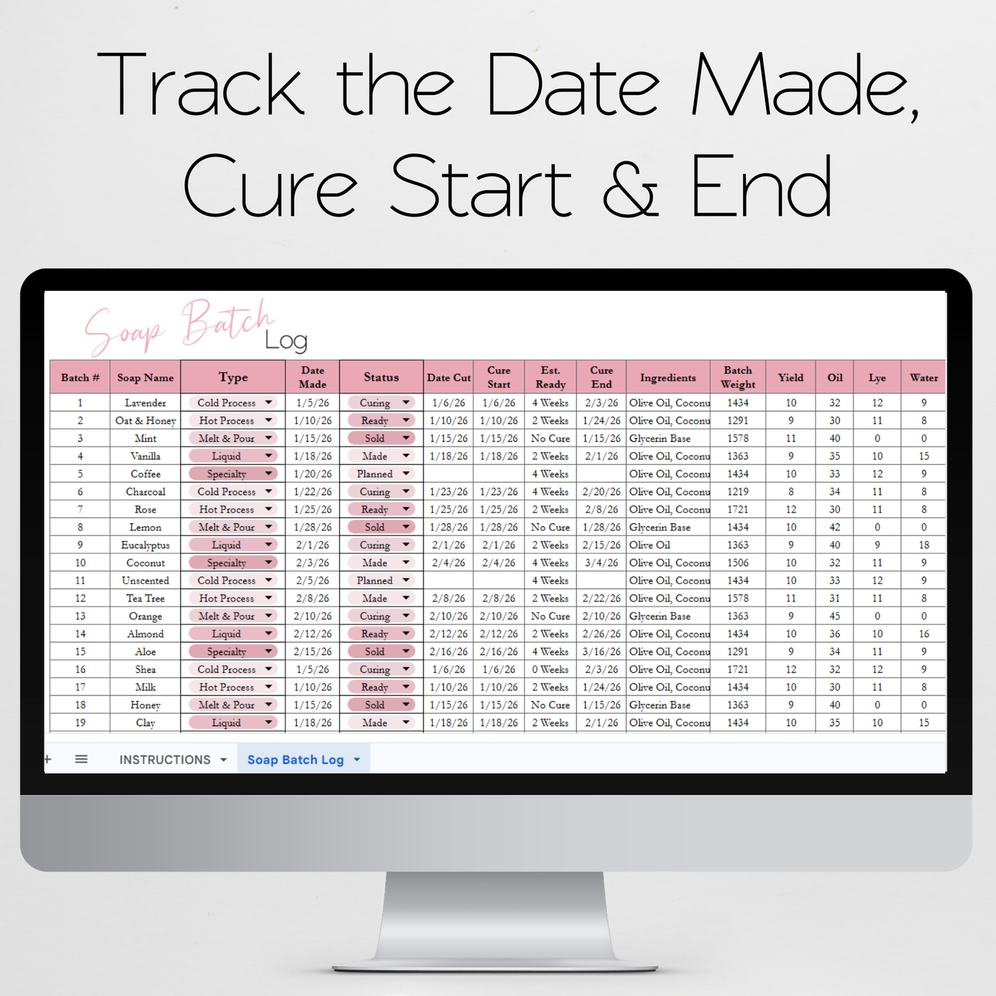 Soap Batch Log Spreadsheet Google Sheets and Excel Spreadsheet Template