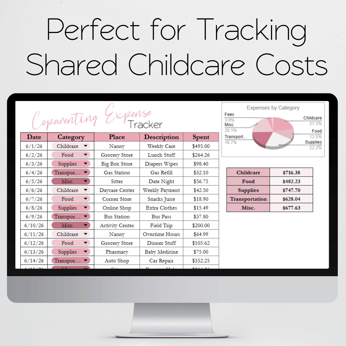 Coparenting Expense Tracker Google Sheets and Excel Spreadsheet Template