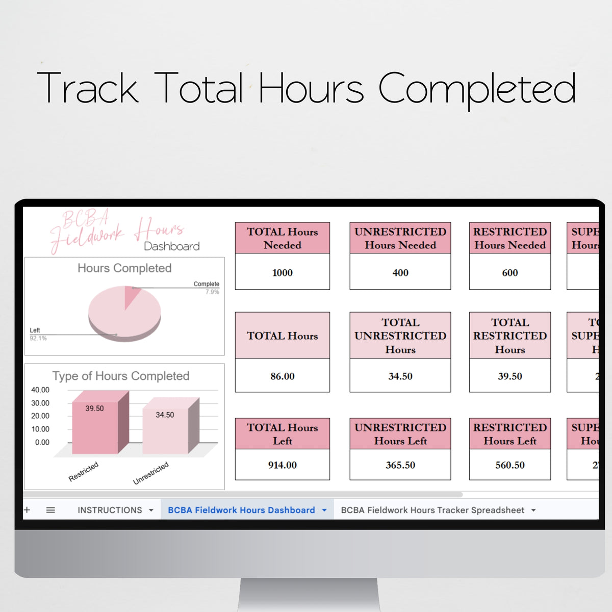 BCBA Fieldwork Hours Tracker Spreadsheet | BACB Supervised Fieldwork Log | BCaBA & RBT Hours Tracker | Google Sheets & Excel Spreadsheet Template