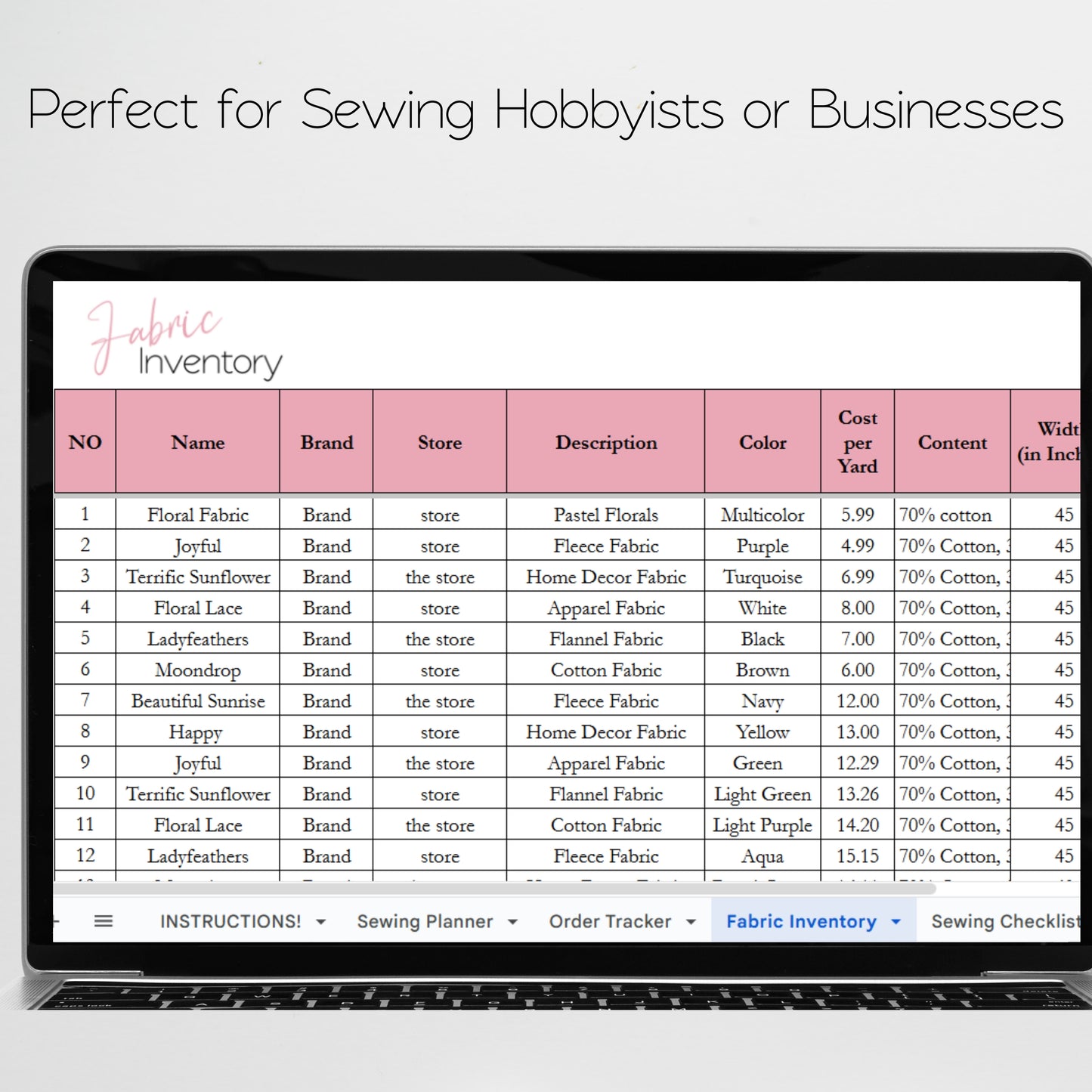 Sewing Planner Template Google Sheet and Excel Spreadsheet