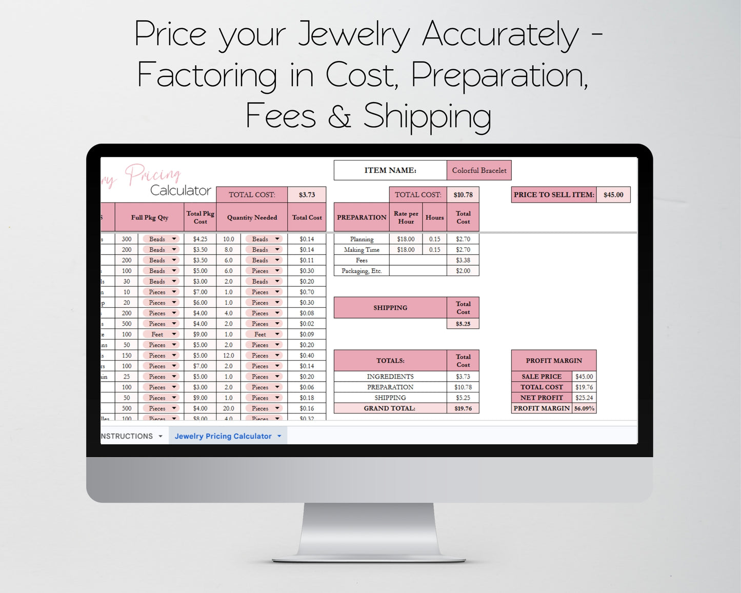 Jewelry Pricing Calculator Google Sheets and Excel | Cost & Profit Spreadsheet for Handmade Jewelry Businesses