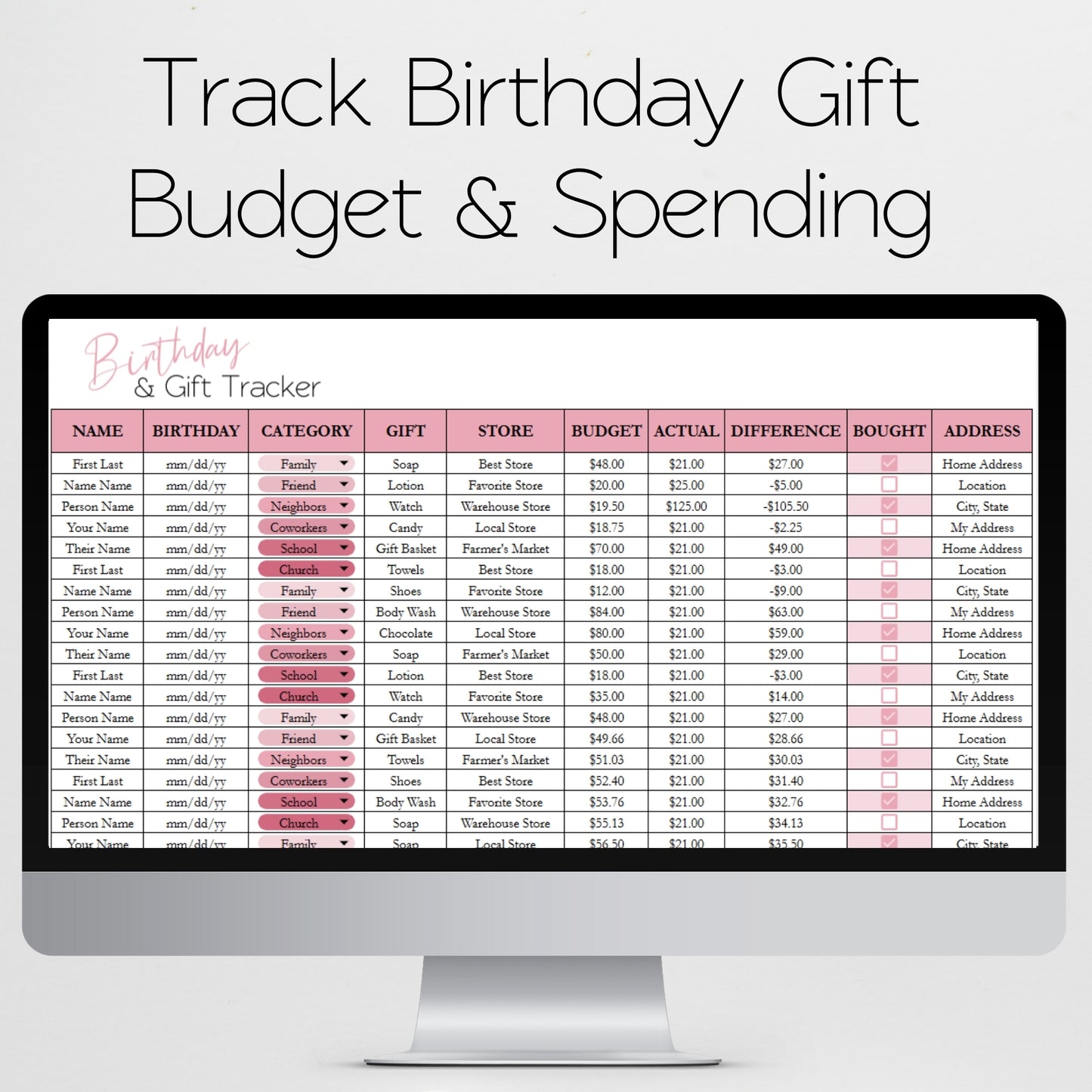 Birthday Tracker and Gift Tracker Google Sheet and Excel Spreadsheet